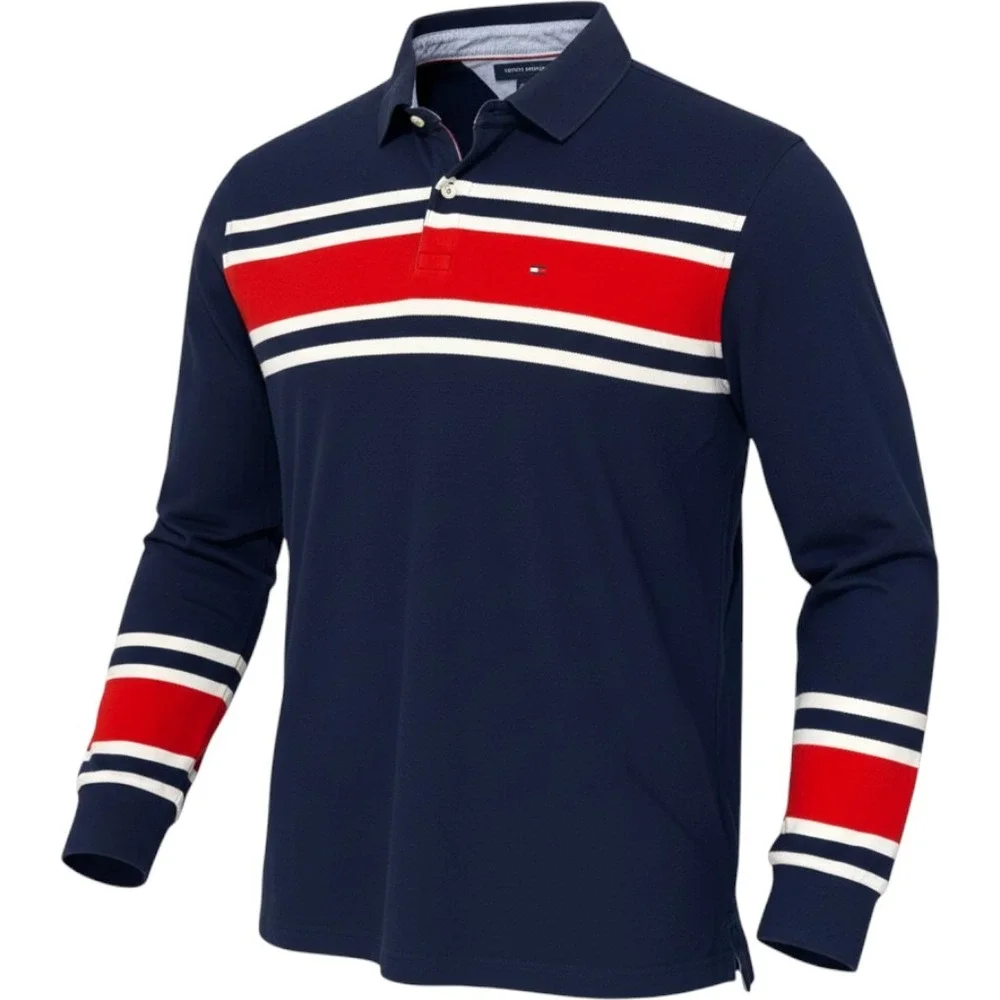 Tommy Hilfiger Polo Shirt Mens XL Navy Red White Cotton Long Sleeve Classic Fit